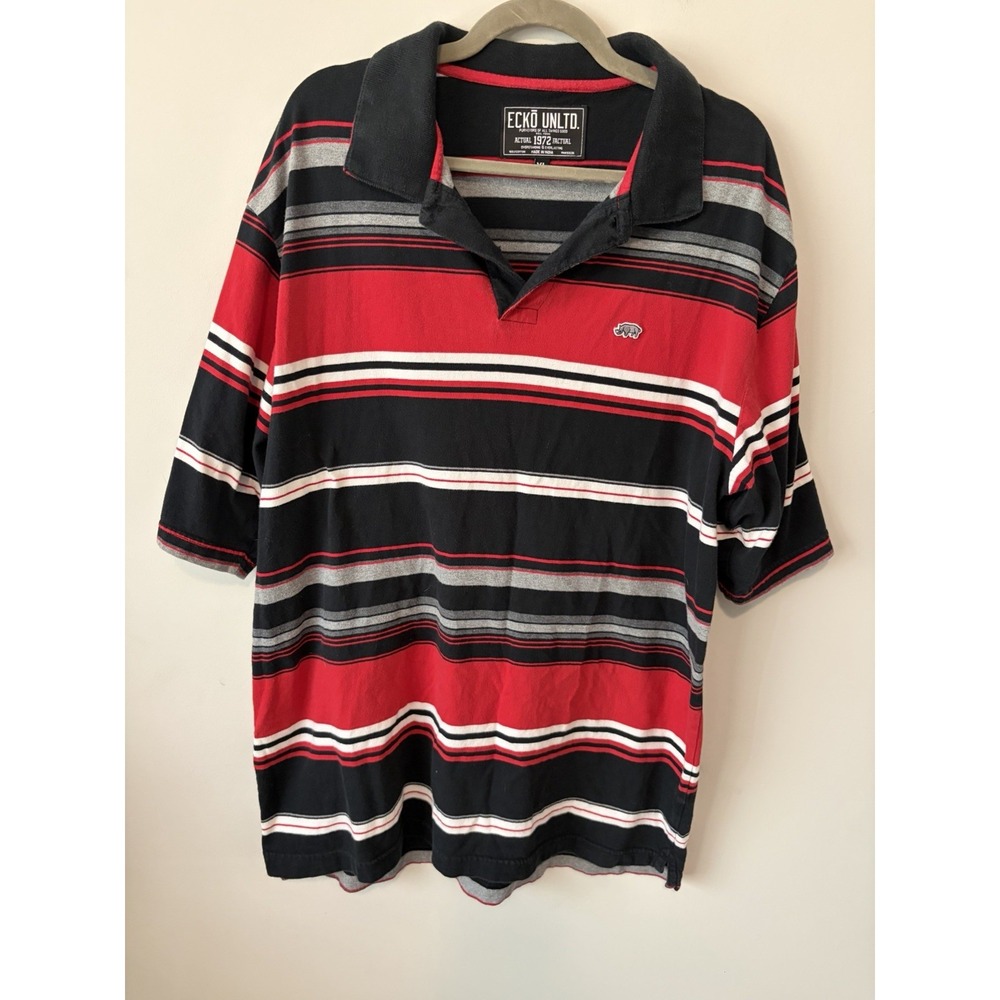 VTG  Y2K Ecko Unltd Short Sleeve Striped Polo Shirt Red White Blk Men's Size XL